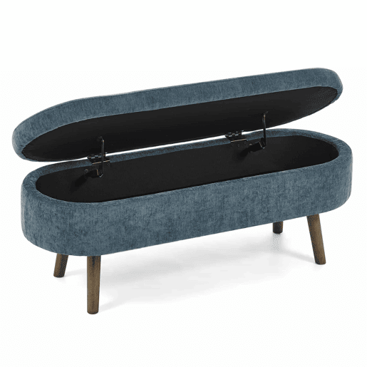 Banco com espaço de arrumação multifuncional 110 x 40 x 42 cm - tecido de chenille macio, pés de madeira, estrutura em madeira maciça, 20 L de arrumação - azul Banco com espaço de arrumação multifuncional 110 x 40 x 42 cm - tecido de chenille macio, pés de madeira, estrutura em madeira maciça, 20 L de arrumação - azul