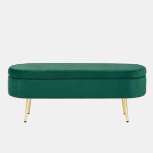 Banco com arrumação multifuncional 110 x 40 x 42 cm - veludo macio, pés metálicos, estrutura em madeira maciça, 20 L de arrumação - verde