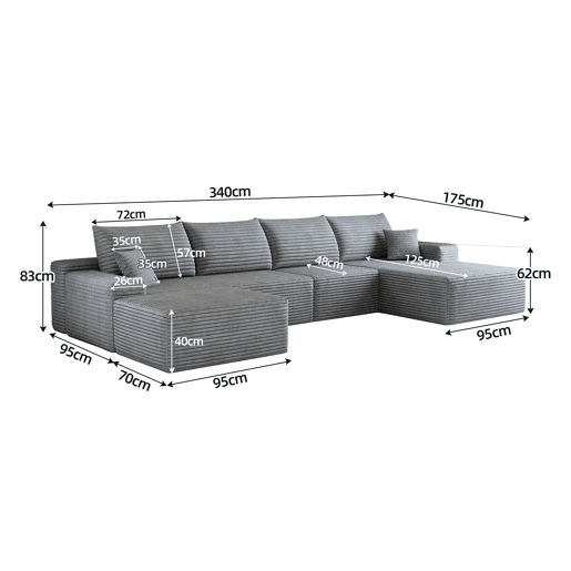 Sofá modular de canto de 340 cm - chaise longue em L, 4 lugares, assento profundo - Cinzento