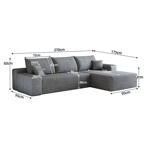 Sofá modular de canto de 270 cm - chaise longue em L, assento profundo, modular compacto - Cinzento Sofá modular de canto de 270 cm - chaise longue em L, assento profundo, modular compacto - Cinzento