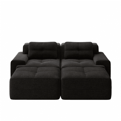 Sofá modular de 2 lugares - design em U, confortável, estofado em veludo cotelê e com otomano - Preto