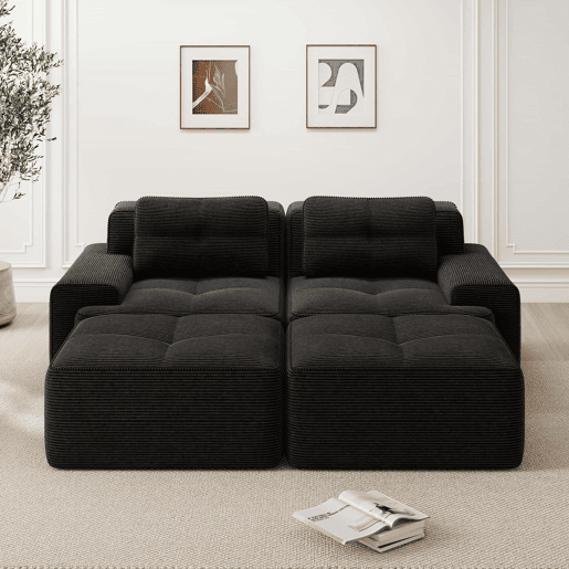 Sofá modular de 2 lugares - design em U, confortável, estofado em veludo cotelê e com otomano - Preto