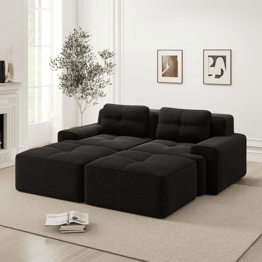 Sofá modular de 2 lugares - design em U, confortável, estofado em veludo cotelê e com otomano - Preto