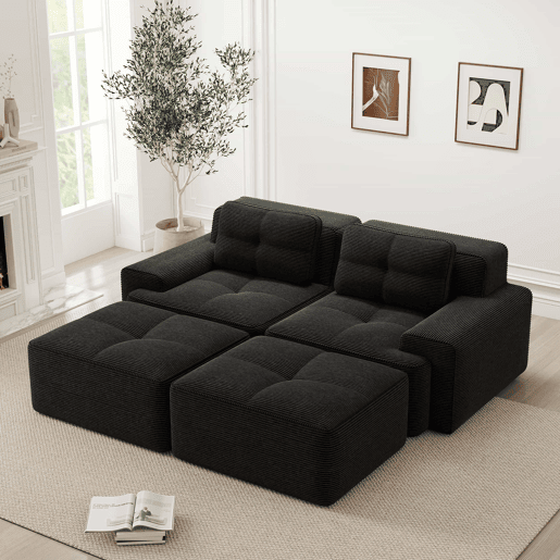 Sofá modular de 2 lugares - design em U, confortável, estofado em veludo cotelê e com otomano - Preto