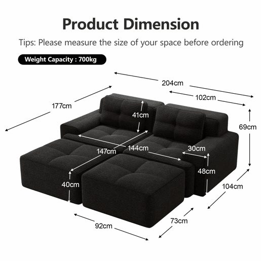 Sofá modular de 2 lugares - design em U, confortável, estofado em veludo cotelê e com otomano - Preto