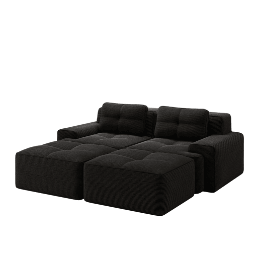 Sofá modular de 2 lugares - design em U, confortável, estofado em veludo cotelê e com otomano - Preto