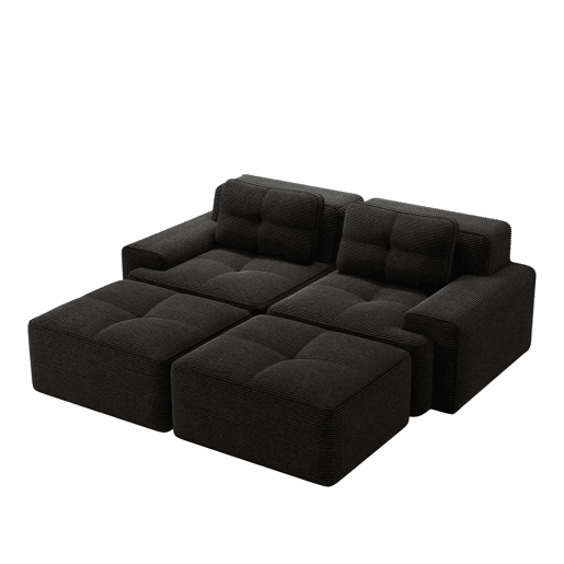 Sofá modular de 2 lugares - design em U, confortável, estofado em veludo cotelê e com otomano - Preto