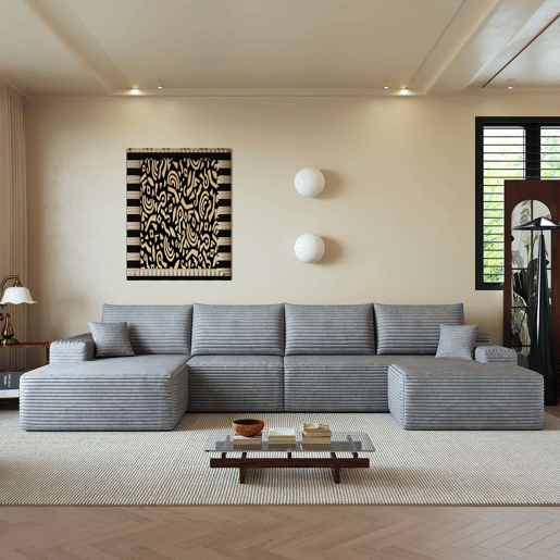 Sofá modular de canto de 340 cm - chaise longue em L, assento profundo, modular compacto - Cinzento Sofá modular de canto de 340 cm - chaise longue em L, assento profundo, modular compacto - Cinzento