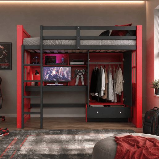 Cama alta juvenil 90 x 200 cm - com escada, secretária, espaço de arrumação, roupeiro e gavetas, estilo gaming, cama individual para crianças e jovens - vermelha e preta Cama alta juvenil 90 x 200 cm - com escada, secretária, espaço de arrumação, roupeiro e gavetas, estilo gaming, cama individual para crianças e jovens - vermelha e preta