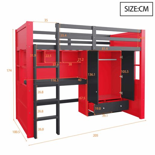 Cama alta juvenil 90 x 200 cm - com escada, secretária, espaço de arrumação, roupeiro e gavetas, estilo gaming, cama individual para crianças e jovens - vermelha e preta Cama alta juvenil 90 x 200 cm - com escada, secretária, espaço de arrumação, roupeiro e gavetas, estilo gaming, cama individual para crianças e jovens - vermelha e preta