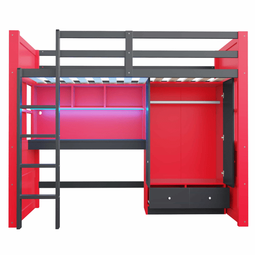 Cama alta juvenil 90 x 200 cm - com escada, secretária, espaço de arrumação, roupeiro e gavetas, estilo gaming, cama individual para crianças e jovens - vermelha e preta Cama alta juvenil 90 x 200 cm - com escada, secretária, espaço de arrumação, roupeiro e gavetas, estilo gaming, cama individual para crianças e jovens - vermelha e preta