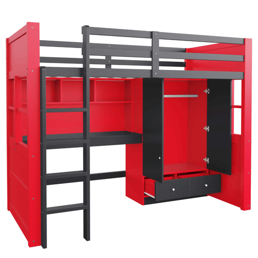 Cama alta juvenil 90 x 200 cm - com escada, secretária, espaço de arrumação, roupeiro e gavetas, estilo gaming, cama individual para crianças e jovens - vermelha e preta Cama alta juvenil 90 x 200 cm - com escada, secretária, espaço de arrumação, roupeiro e gavetas, estilo gaming, cama individual para crianças e jovens - vermelha e preta