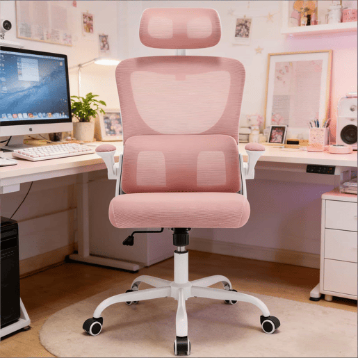 Cadeira de escritório 67,5 x 62 x 123,5 cm - encosto alto, ergonómica, com rodas e design respirável - rosa