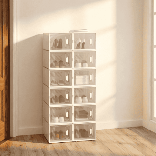 Organizador modular de sapatos com 12 peças u2013 empilhável, organizador multifuncional para sapatos, livros e brinquedos u2013 transparente e branco Organizador modular de sapatos com 12 peças u2013 empilhável, organizador multifuncional para sapatos, livros e brinquedos u2013 transparente e branco