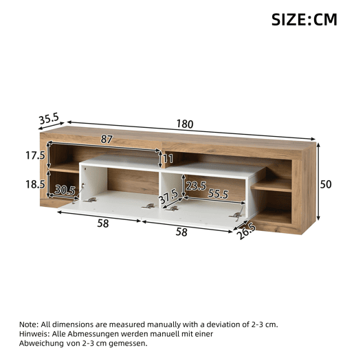 Móvel para TV 180 x 35,5 x 50 cm - Controlo LED por aplicação, 2 gavetas, 4 compartimentos abertos, aglomerado de madeira, 30 kg, 75 polegadas - natural e branco Móvel para TV 180 x 35,5 x 50 cm - Controlo LED por aplicação, 2 gavetas, 4 compartimentos abertos, aglomerado de madeira, 30 kg, 75 polegadas - natural e branco