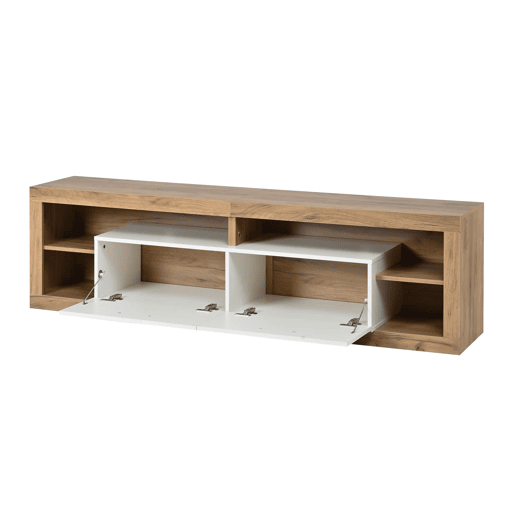 Móvel para TV 180 x 35,5 x 50 cm - Controlo LED por aplicação, 2 gavetas, 4 compartimentos abertos, aglomerado de madeira, 30 kg, 75 polegadas - natural e branco Móvel para TV 180 x 35,5 x 50 cm - Controlo LED por aplicação, 2 gavetas, 4 compartimentos abertos, aglomerado de madeira, 30 kg, 75 polegadas - natural e branco