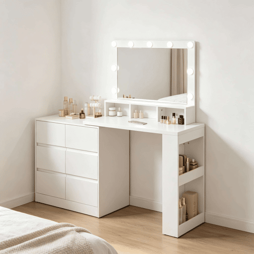 Penteadeira com espelho LED retangular 90 x 40 x 134,5 cm - design moderno - branco Penteadeira com espelho LED retangular 90 x 40 x 134,5 cm - design moderno - branco