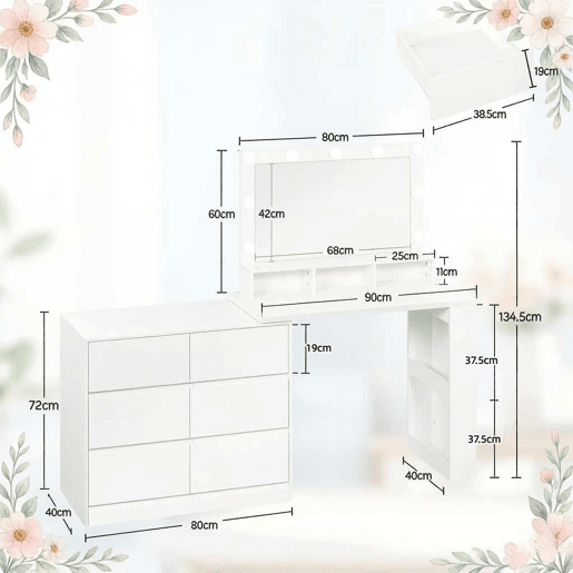 Penteadeira com espelho LED retangular 90 x 40 x 134,5 cm - design moderno - branco Penteadeira com espelho LED retangular 90 x 40 x 134,5 cm - design moderno - branco