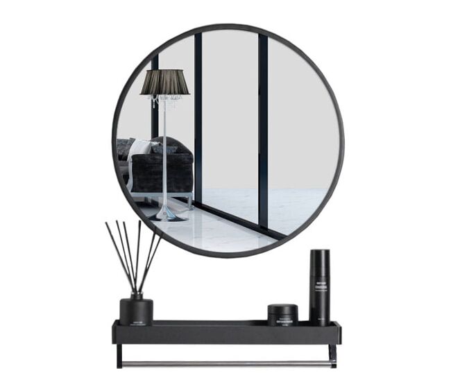 Espejo de pared 80 cm con estante, marco negro