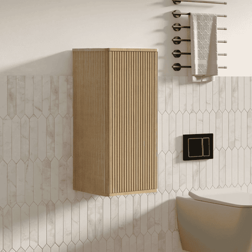 Armário de casa de banho suspenso - Design com ranhuras, poupança de espaço, montagem na parede - Cor carvalho