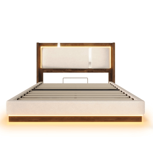 Cama de casal estofada 140x200 - base de lâminas, LED, baú de arrumação, sistema hidráulico, linho - bege e nogueira Cama de casal estofada 140x200 - base de lâminas, LED, baú de arrumação, sistema hidráulico, linho - bege e nogueira