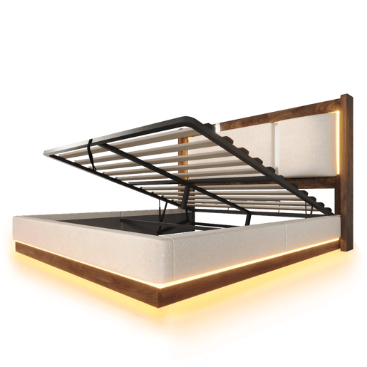 Cama de casal estofada 140x200 - base de lâminas, LED, baú de arrumação, sistema hidráulico, linho - bege e nogueira Cama de casal estofada 140x200 - base de lâminas, LED, baú de arrumação, sistema hidráulico, linho - bege e nogueira
