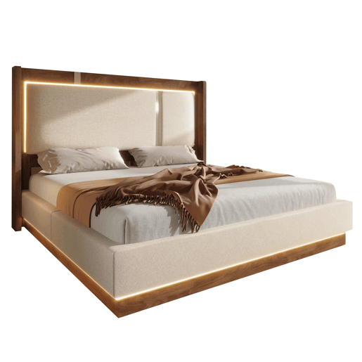 Cama de casal estofada 140x200 - base de lâminas, LED, baú de arrumação, sistema hidráulico, linho - bege e nogueira Cama de casal estofada 140x200 - base de lâminas, LED, baú de arrumação, sistema hidráulico, linho - bege e nogueira