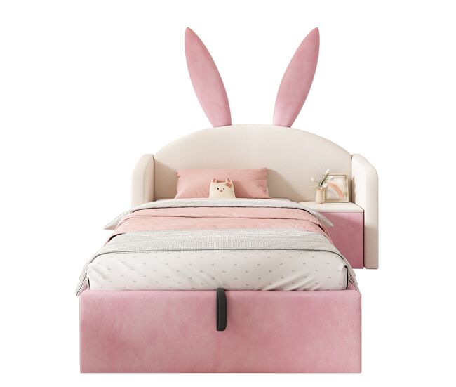 Cama infantil tapizada 90x190 cm - cabecero con orejas de conejo, almacenaje hidráulico y mesita de noche, terciopelo - beige y rosa