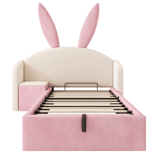 Cama infantil estofada 90x190 cm - cabeceira com orelhas de coelho, arrumação hidráulica e mesa de cabeceira, veludo - bege e rosa