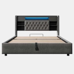 Cama estofada 140 x 200 cm - com baú hidráulico, luz LED, USBType-C, cabeceira com prateleira e arrumação - cinzenta
