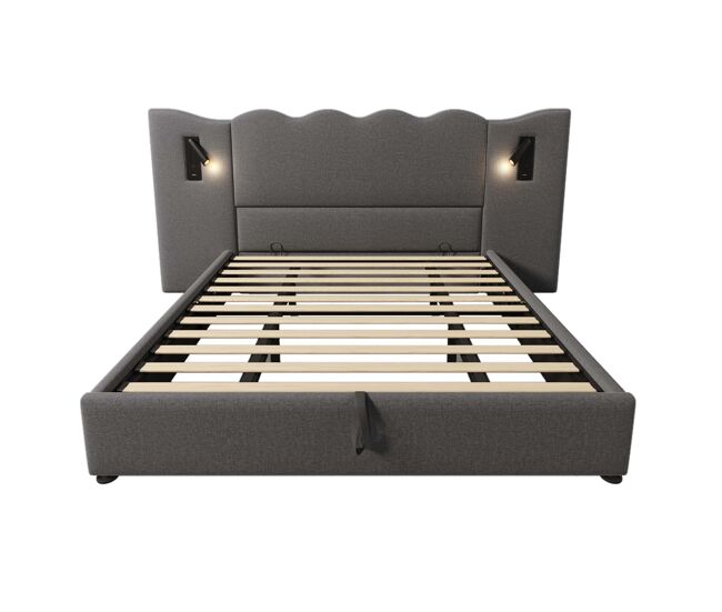Cama tapizada doble 180x200 - lámpara de lectura, carga usb-c, cama con almacenamiento, somier de madera maciza y metal, lino - gris