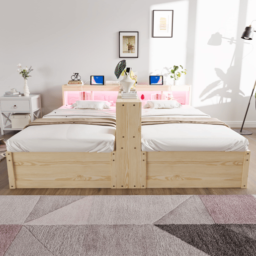 Sofá-cama 90180 × 200 cm - com tomada europeia, compartimentos de arrumação, faixa de LED, mecanismo hidráulico, cama dupla multifuncional - madeira natural Sofá-cama 90180 × 200 cm - com tomada europeia, compartimentos de arrumação, faixa de LED, mecanismo hidráulico, cama dupla multifuncional - madeira natural