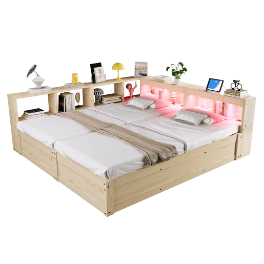 Sofá-cama 90180 × 200 cm - com tomada europeia, compartimentos de arrumação, faixa de LED, mecanismo hidráulico, cama dupla multifuncional - madeira natural Sofá-cama 90180 × 200 cm - com tomada europeia, compartimentos de arrumação, faixa de LED, mecanismo hidráulico, cama dupla multifuncional - madeira natural
