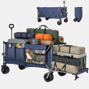 Carrinho dobrável 300 L + 120 L - Todo-o-terreno com rodas largas, desmontável e multifuncional para o jardim, compras e praia - Azul