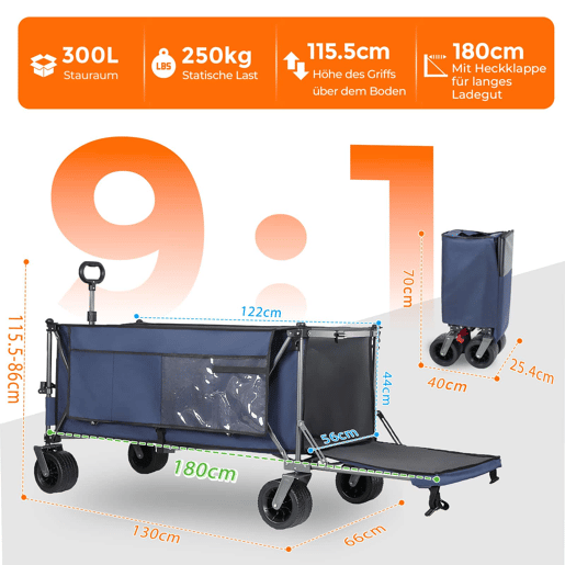 Carrinho dobrável 300 L + 120 L - Todo-o-terreno com rodas largas, desmontável e multifuncional para o jardim, compras e praia - Azul Carrinho dobrável 300 L + 120 L - Todo-o-terreno com rodas largas, desmontável e multifuncional para o jardim, compras e praia - Azul