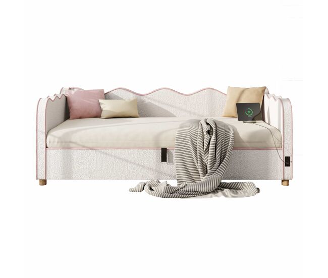 Sofá cama daybed 90x200 cm - almacenamiento hidráulico, usb, respaldo, tapizado bouclé - beige