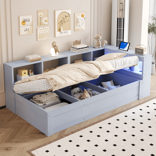 Sofá-cama 90 × 200 cm - Com tomada europeia, vários compartimentos, luzes LED multicoloridas, mecanismo hidráulico, cama multifuncional em madeira maciça - Cinza