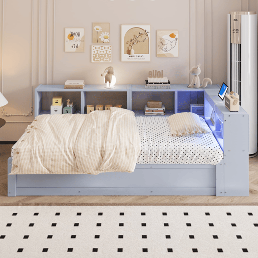 Sofá-cama 90 × 200 cm - Com tomada europeia, vários compartimentos, luzes LED multicoloridas, mecanismo hidráulico, cama multifuncional em madeira maciça - Cinza