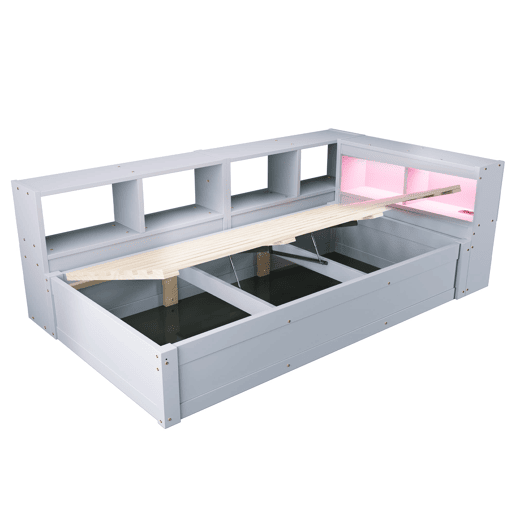 Sofá-cama 90 × 200 cm - Com tomada europeia, vários compartimentos, luzes LED multicoloridas, mecanismo hidráulico, cama multifuncional em madeira maciça - Cinza
