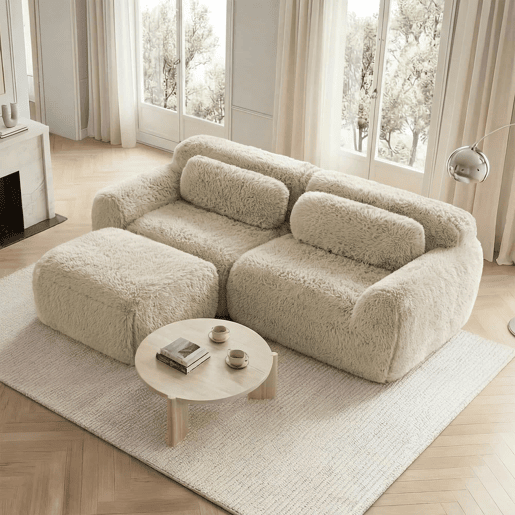 Sofá modular L de 2 lugares - tecido felpudo macio, modular, com almofadas - cáqui claro