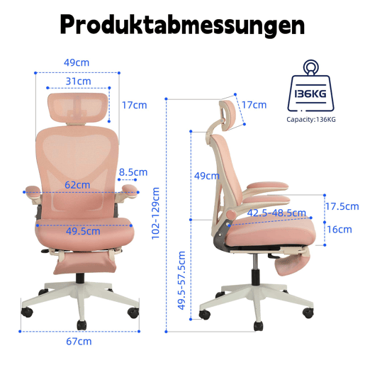 Cadeira de escritório ergonómica, pequena e dobrável u2013 apoio lombar, apoios de braços dobráveis, apoio para a cabeça 3D, almofada de espuma e pedais de trabalho u2013 rosa Cadeira de escritório ergonómica, pequena e dobrável u2013 apoio lombar, apoios de braços dobráveis, apoio para a cabeça 3D, almofada de espuma e pedais de trabalho u2013 rosa