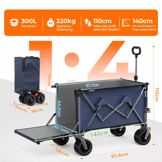 Carrinho de jardim dobrável 300 L, 140 cm u2013 com rodas todo-o-terreno, compartimento duplo, dobrável e resistente para uso no exterior u2013 Azul