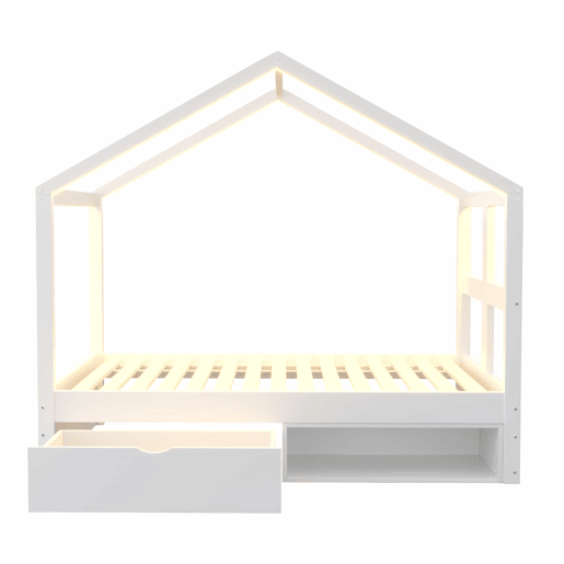 Cama juvenil em madeira 90x190 cm - com gavetas, sapateira pequena, iluminação LED multicolorida e base de ripas - Branco Cama juvenil em madeira 90x190 cm - com gavetas, sapateira pequena, iluminação LED multicolorida e base de ripas - Branco