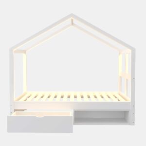 Cama juvenil em madeira 90x190 cm - com gavetas, sapateira pequena, iluminação LED multicolorida e base de ripas - Branco