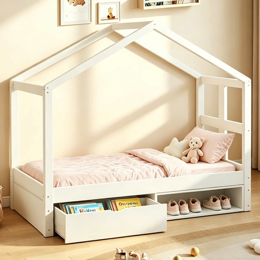 Cama juvenil em madeira 90x190 cm - com gavetas, sapateira pequena, iluminação LED multicolorida e base de ripas - Branco Cama juvenil em madeira 90x190 cm - com gavetas, sapateira pequena, iluminação LED multicolorida e base de ripas - Branco