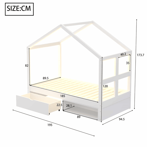 Cama juvenil em madeira 90x190 cm - com gavetas, sapateira pequena, iluminação LED multicolorida e base de ripas - Branco Cama juvenil em madeira 90x190 cm - com gavetas, sapateira pequena, iluminação LED multicolorida e base de ripas - Branco