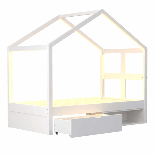 Cama juvenil em madeira 90x190 cm - com gavetas, sapateira pequena, iluminação LED multicolorida e base de ripas - Branco Cama juvenil em madeira 90x190 cm - com gavetas, sapateira pequena, iluminação LED multicolorida e base de ripas - Branco