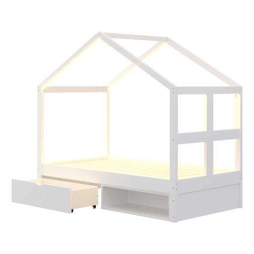 Cama juvenil em madeira 90x190 cm - com gavetas, sapateira pequena, iluminação LED multicolorida e base de ripas - Branco Cama juvenil em madeira 90x190 cm - com gavetas, sapateira pequena, iluminação LED multicolorida e base de ripas - Branco
