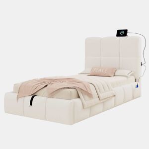 Cama individual estofada 90x200 cm - cama funcional com arrumação, cabeceira almofadada e porta USB - bege