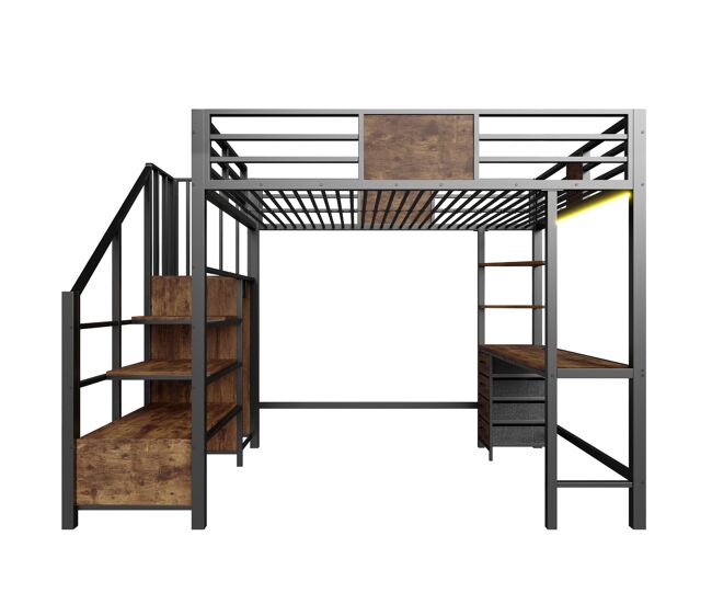 Cama alta 140x200 - con escritorio, estantes, barra de ropa, iluminación led y enchufe - negro